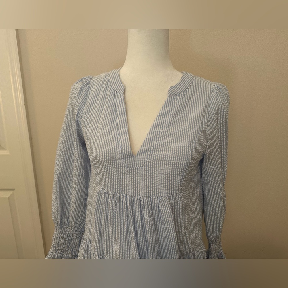 o.p.t. Bay Dress Sz S Striped Seersucker Tiered Summer Coastal Preppy Nautical - Picture 2 of 12